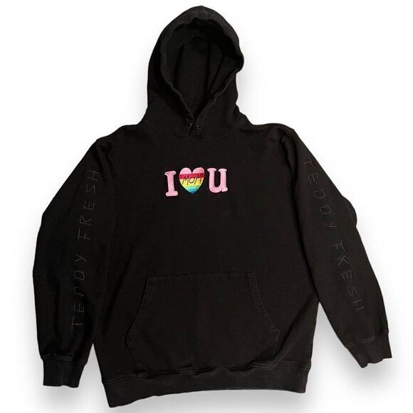 Teddy Fresh Hoodie Adult L Black I Heart Mom Graphic Rainbow Heart - Picture 1 of 12